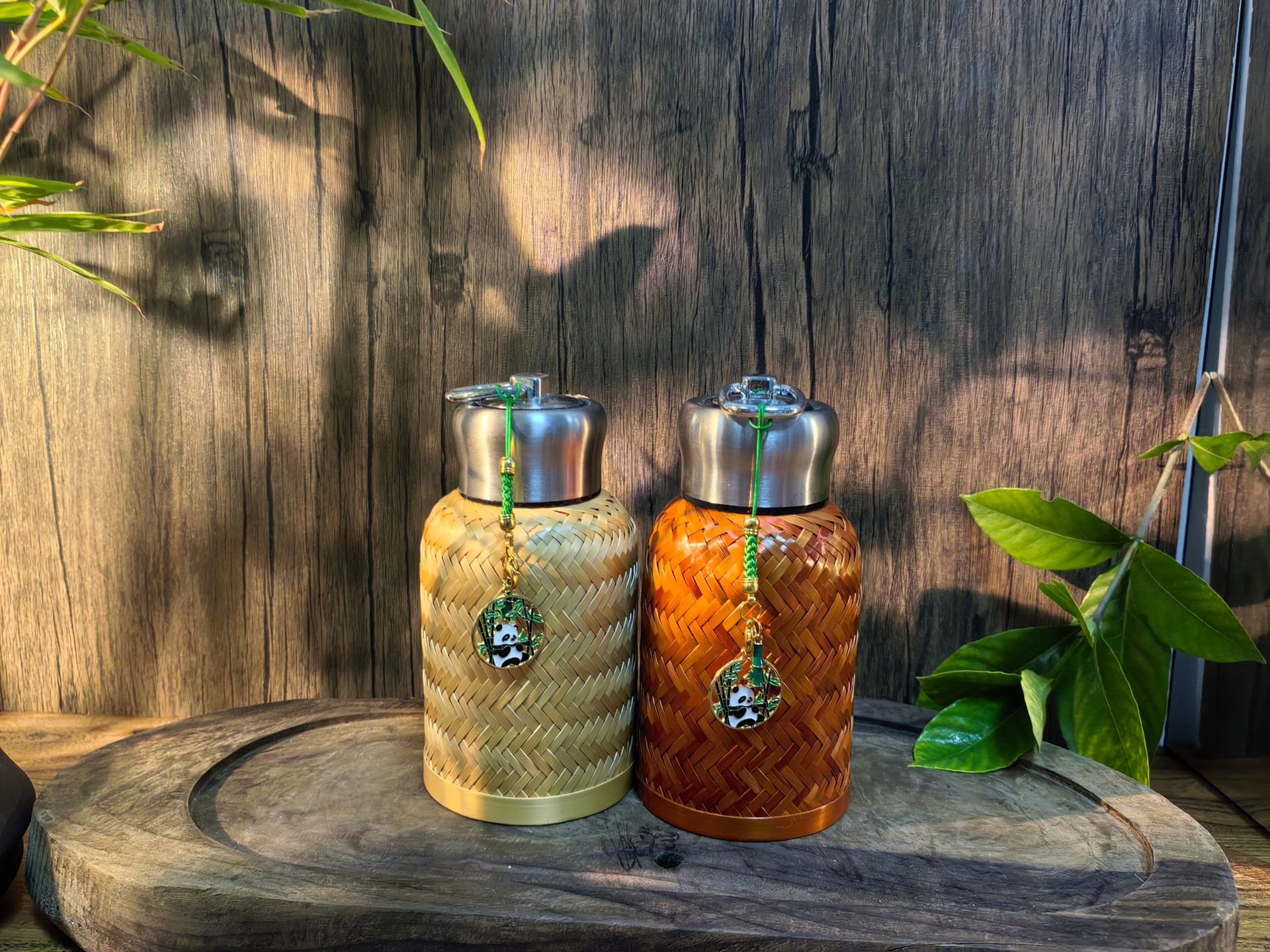 Bamboo thermos bottles - natural and honey tone pair